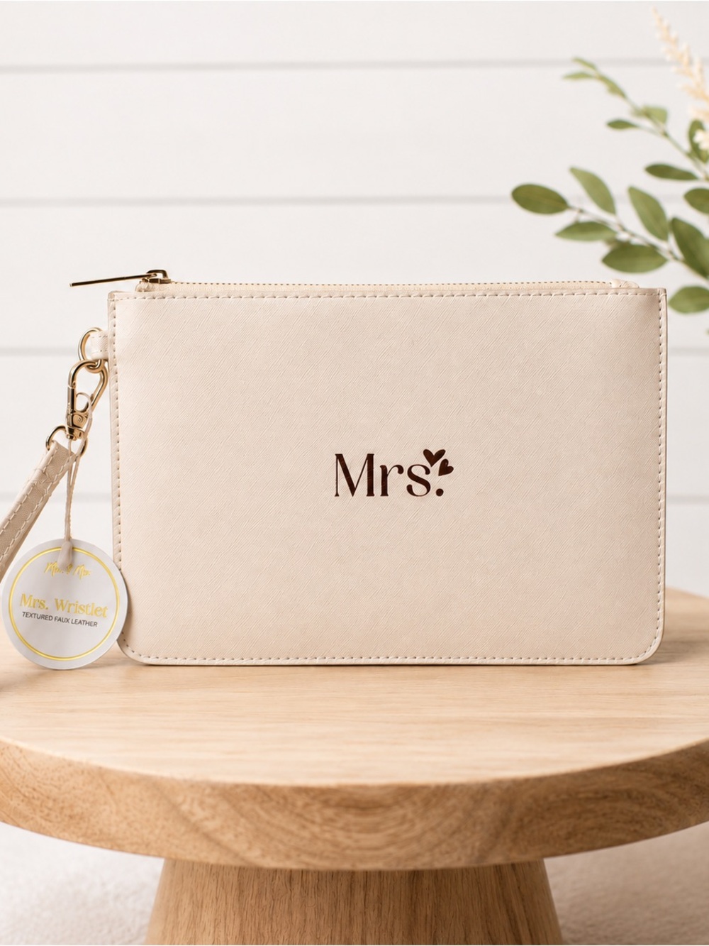 Mrs. Bridal Shower Wristlet Clutch Cream Faux Leather Wedding Purse NWT